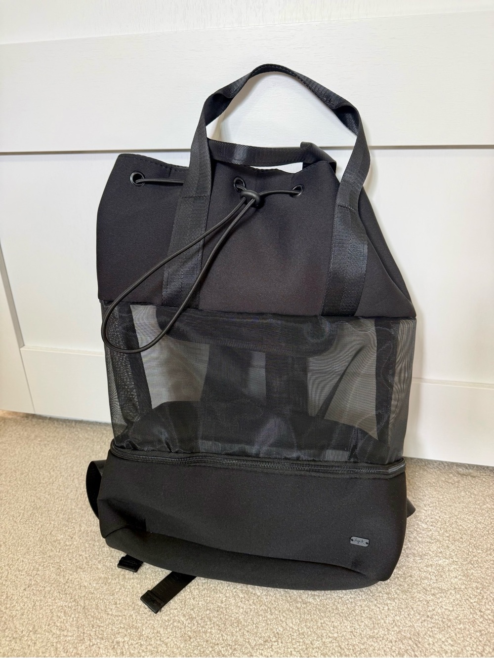 Black Mesh Panel Drawstring Backpack Beach Bag